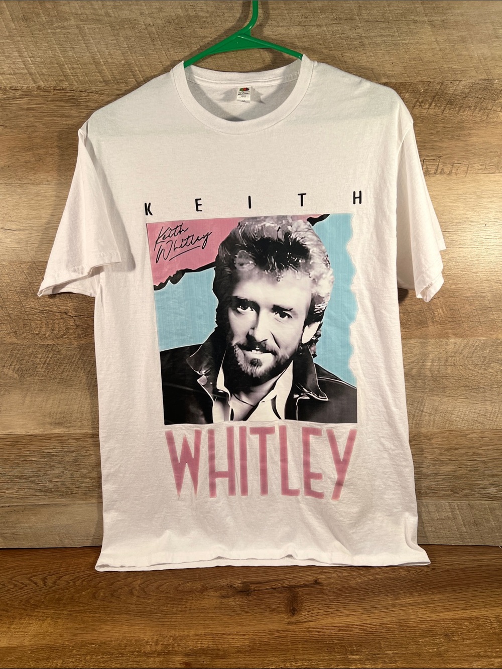 Fruit of the Loom White T-Shirt with Pink & Blue Keith Whitley Graphic